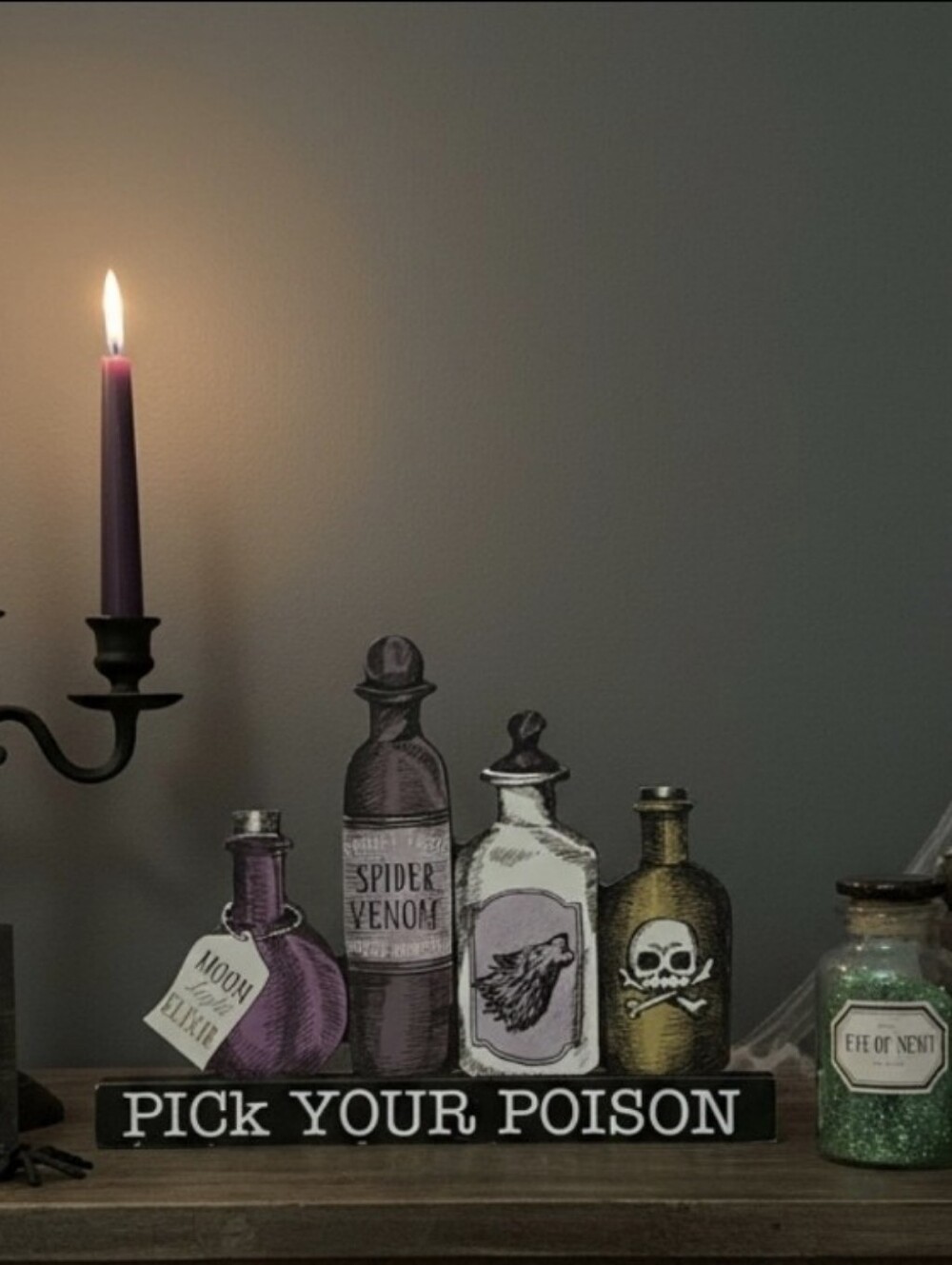 Halloween 'Pick Your Poison' Decorative Bottle Set Sign - Purple/White/Gold